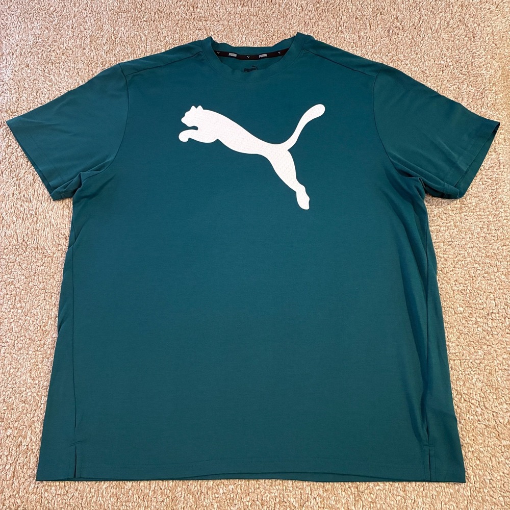 PUMA Big Cat Logo Athletic Short Sleeve Crew Neck Stretch Tee Dark Teal Men's XL